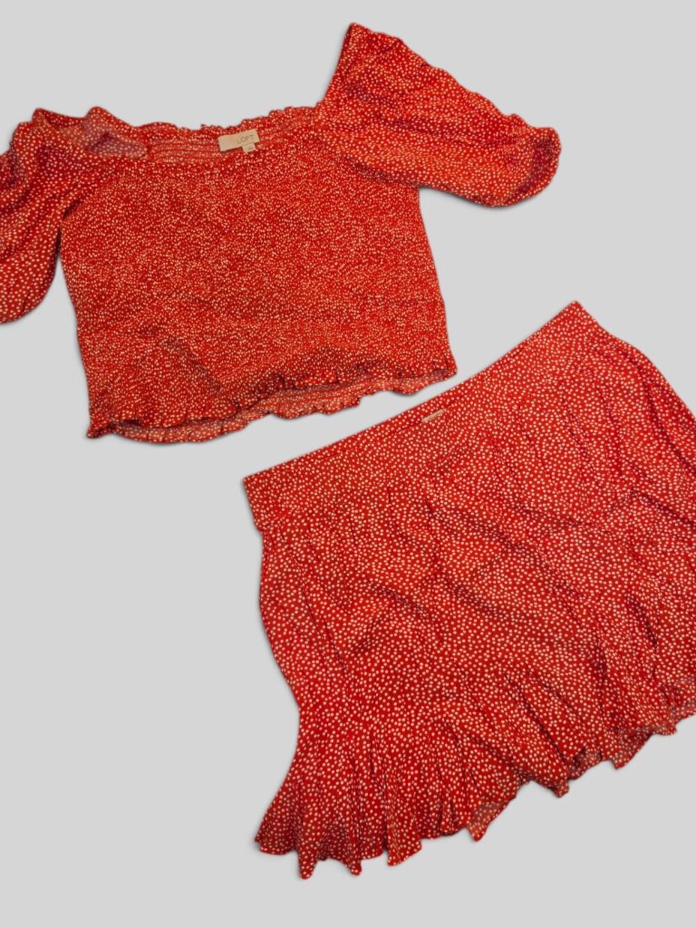LOFT Orange White Polka Dot Smocked Crop Top & Skort Set Top L & SkortXL